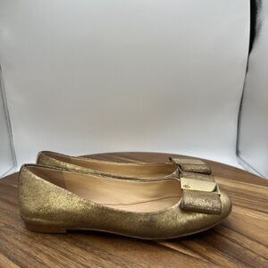 Tory‎ Burch Chase Nappa Leather Metallic Gold Flats Logo Designer Women's 5M